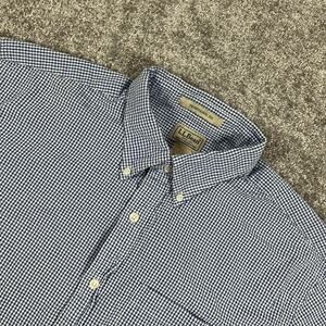 LL Bean Button Down Shirt Mens Large Seersucker Gingham Cotton Short Sleeve Blue